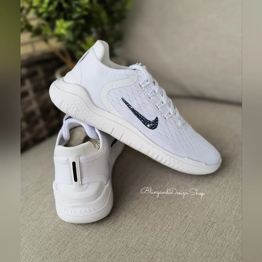 Nike Free RN 2018 White Sneakers Customized with Crystal Rhinestones